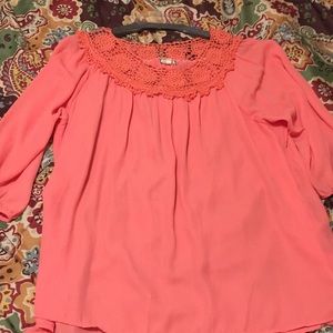 Eyeshadow coral top with crocheted neckline!